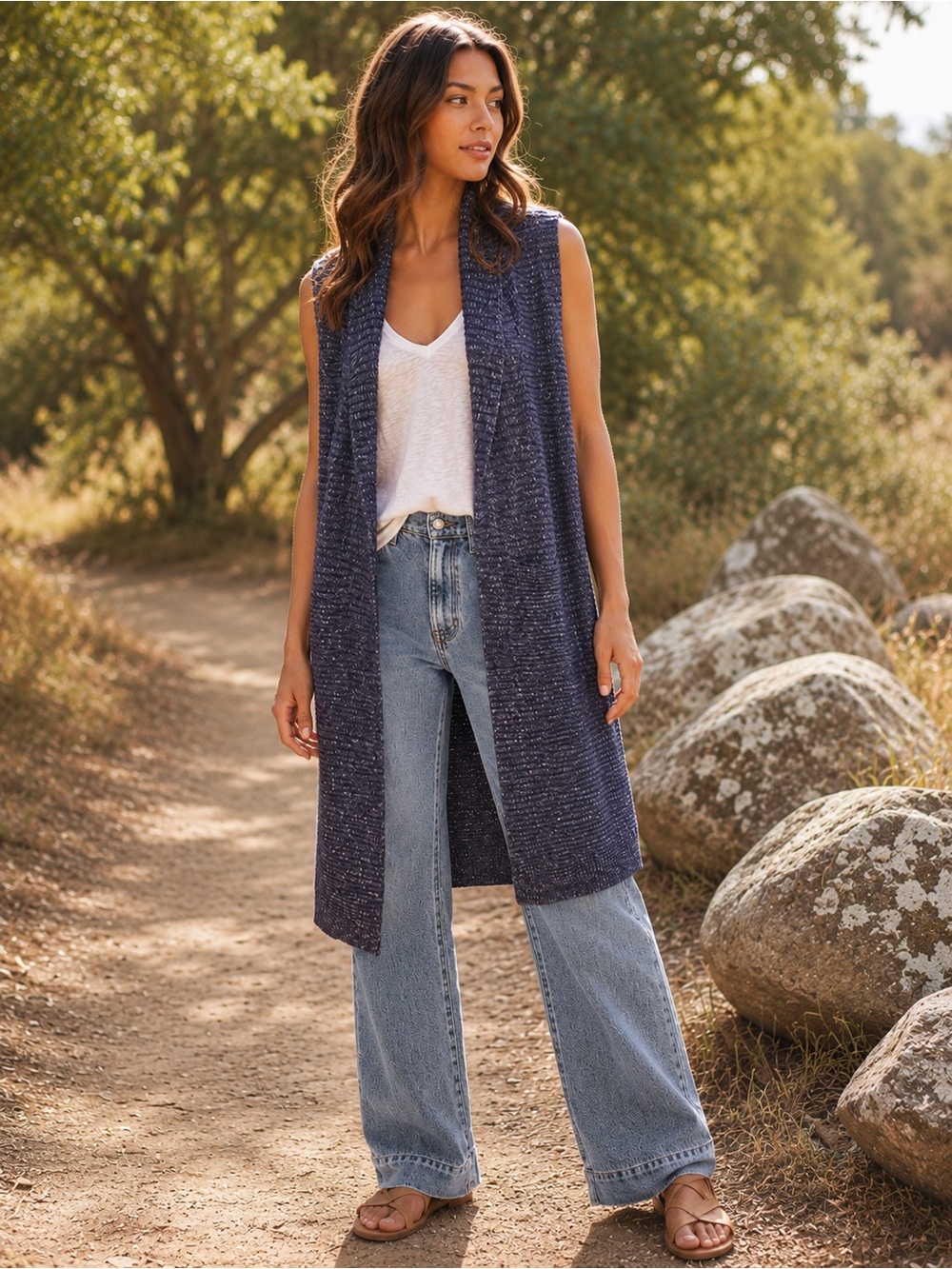 GAP Navy Marled Open Front Sleeveless Longline Cardigan Sweater Vest Size M